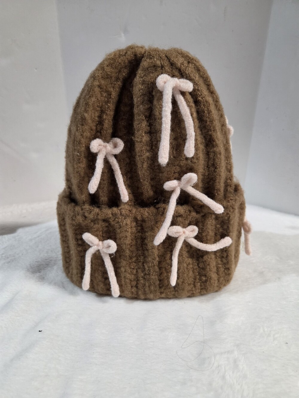 Urban Outfitters Brown Knit Beanie with Pink Bow Accents